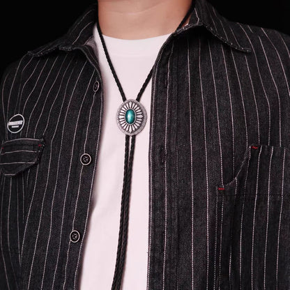 100cm Vintage Bolo Tie Blue Stone Inlay Adjustable Western Cowboy Neck Accessory