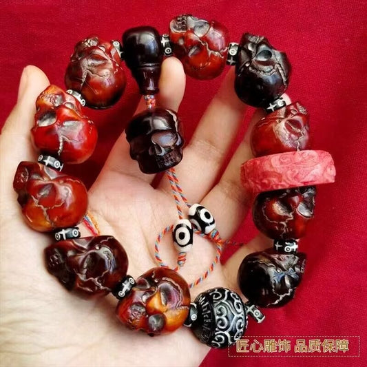 Tibet Yak Horn Carved Skull Head Bead Bracelet Statue Amulet Collection