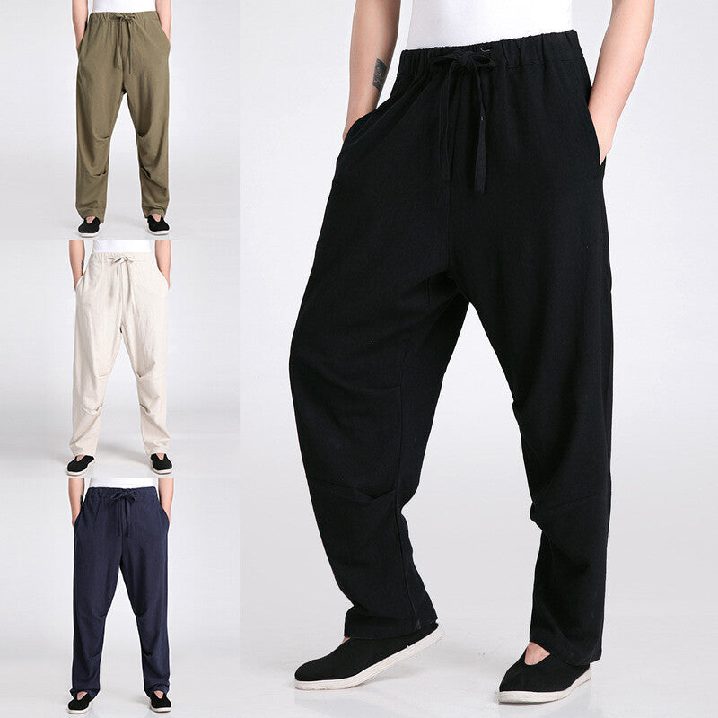 Men Chinese Kung Fu Pants Martial Art Linen Tang Suit Trouser Elastic Waist Long