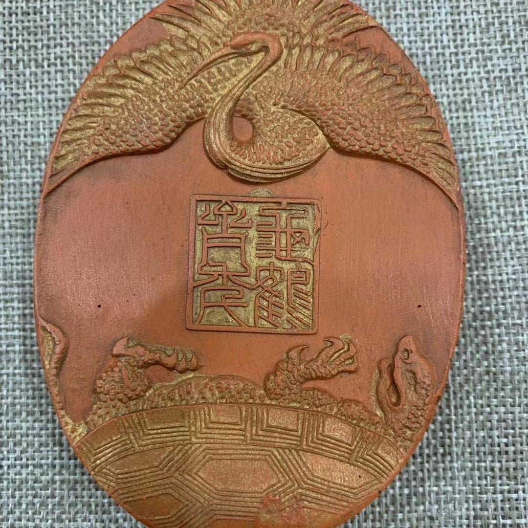 Cinnabar Huizhou Ink Stick Turtle Crane Pattern Vintage Calligraphy Block