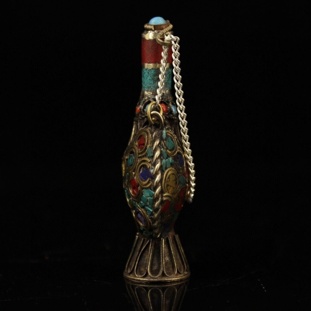 Vintage Nepal Handmade Copper Snuff Bottle Gemstone Inlaid Chinese Collectible
