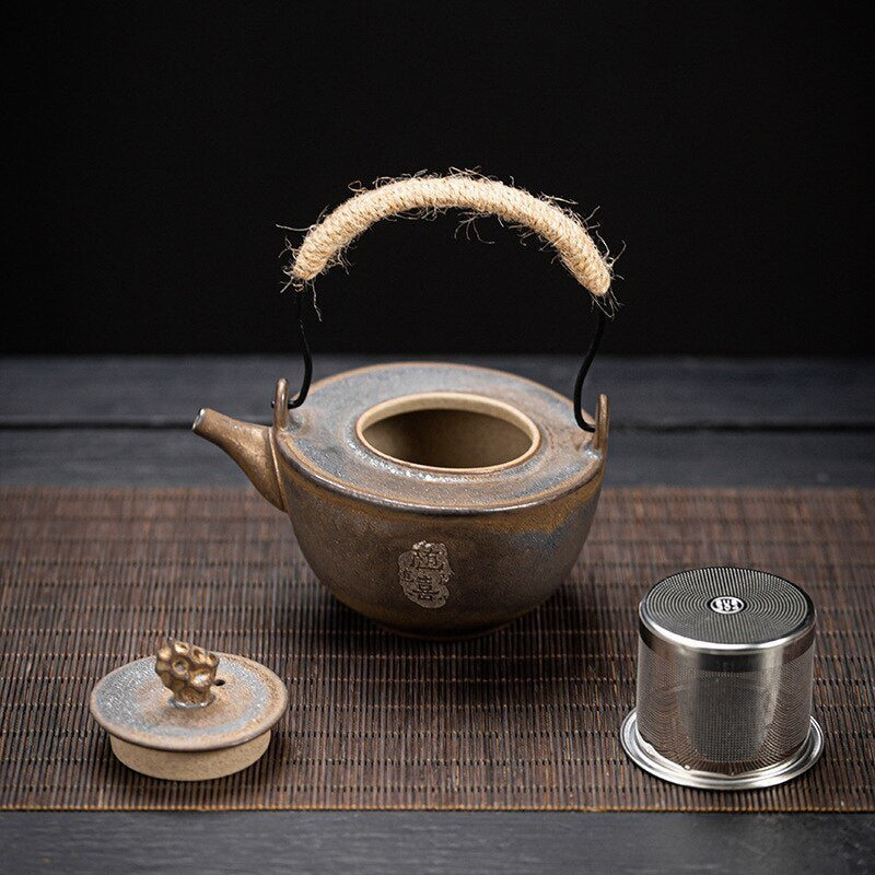 Teapot Loop-Handled Teapot Gold Glaze Tea Kettle Chinese Ceramic Pot Vintage