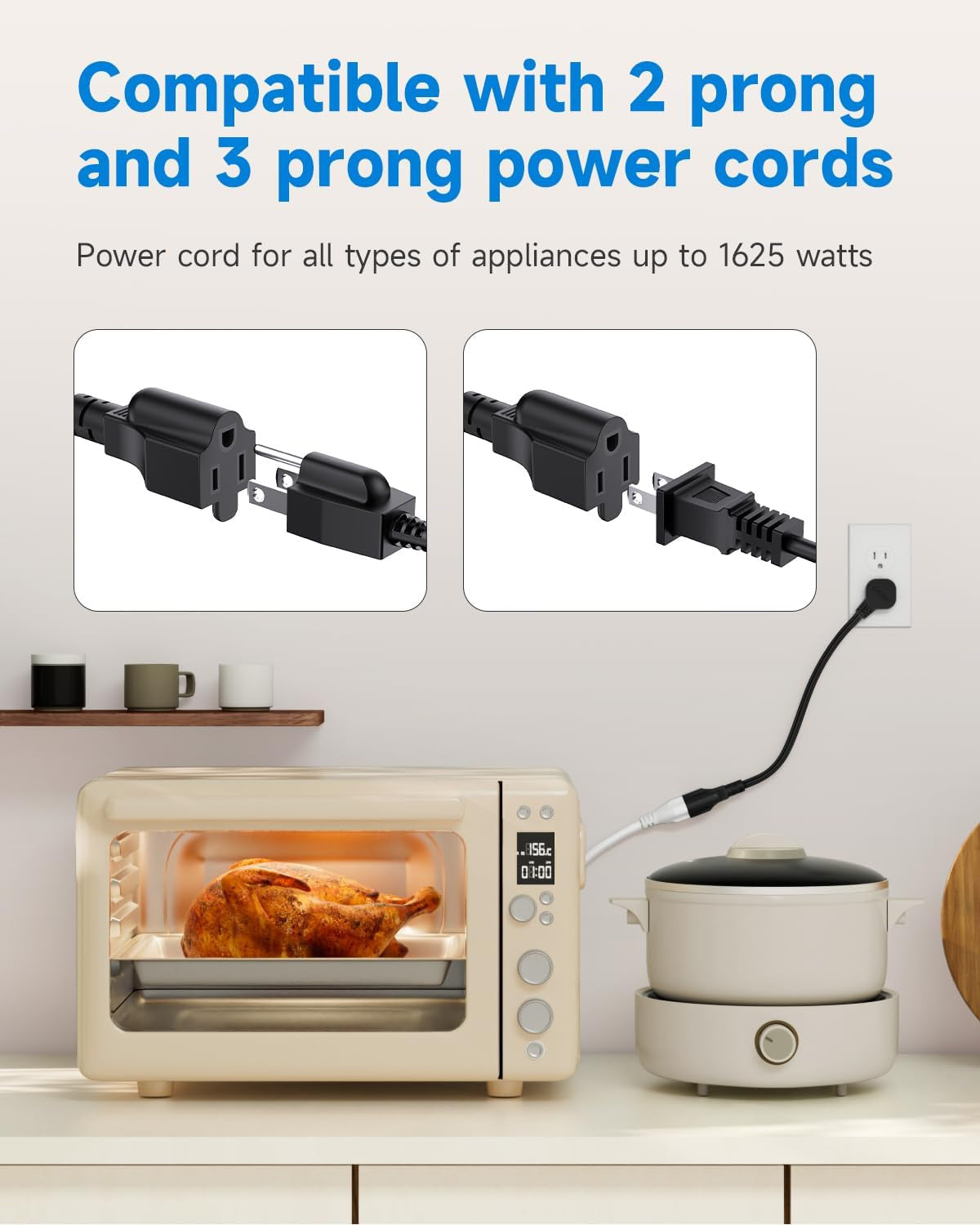 Flat Plug 1Ft Short Extension Cord, 90-Degree Plug Low Profile Power Adapter, 3-
