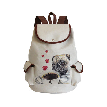 Dog Paw Print Backpack Drawstring Bags Linen Students Portable Cute Pug Printed