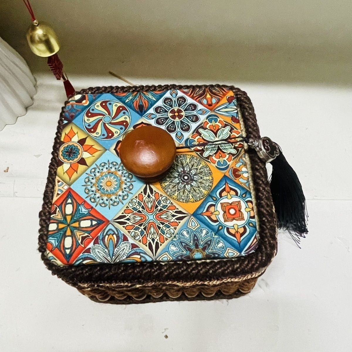 Handwoven Hemp Rope Jewelry Box Vintage Boho Tassel Storage 14×9cm