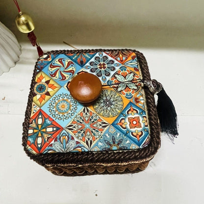 Handwoven Hemp Rope Jewelry Box Vintage Boho Tassel Storage 14×9cm