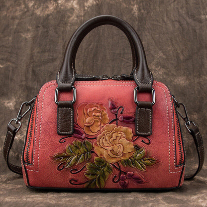 Women's Genuine Leather Handbags Embossed Flower Butterfly Shoulder Shell Bags