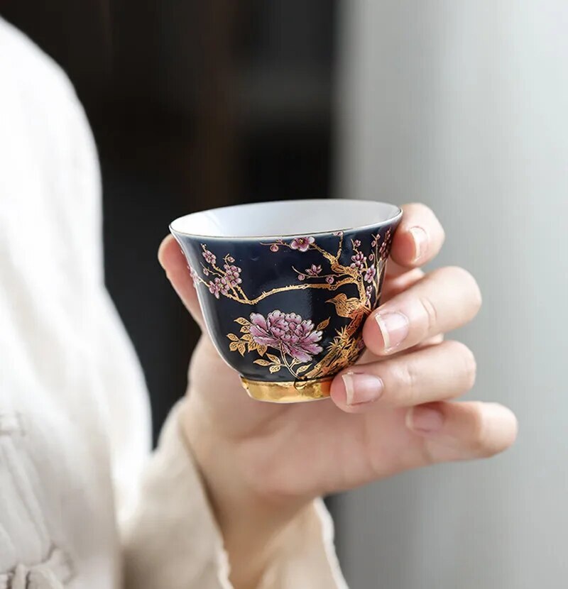 Enamel Pastrol Tea Cup Porcelain Carving Teacup Flower Bird Tea Master Cup