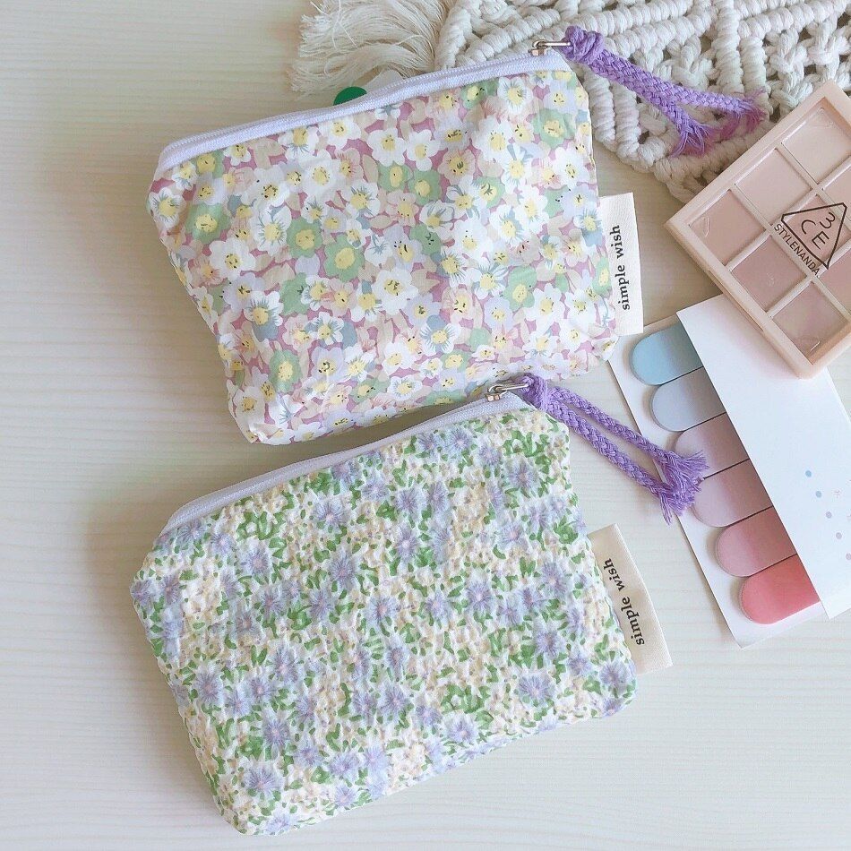 Cotton Floral Organizer Bag Small Fabric Cosmetic Make Up Purse Coin Pouch Case