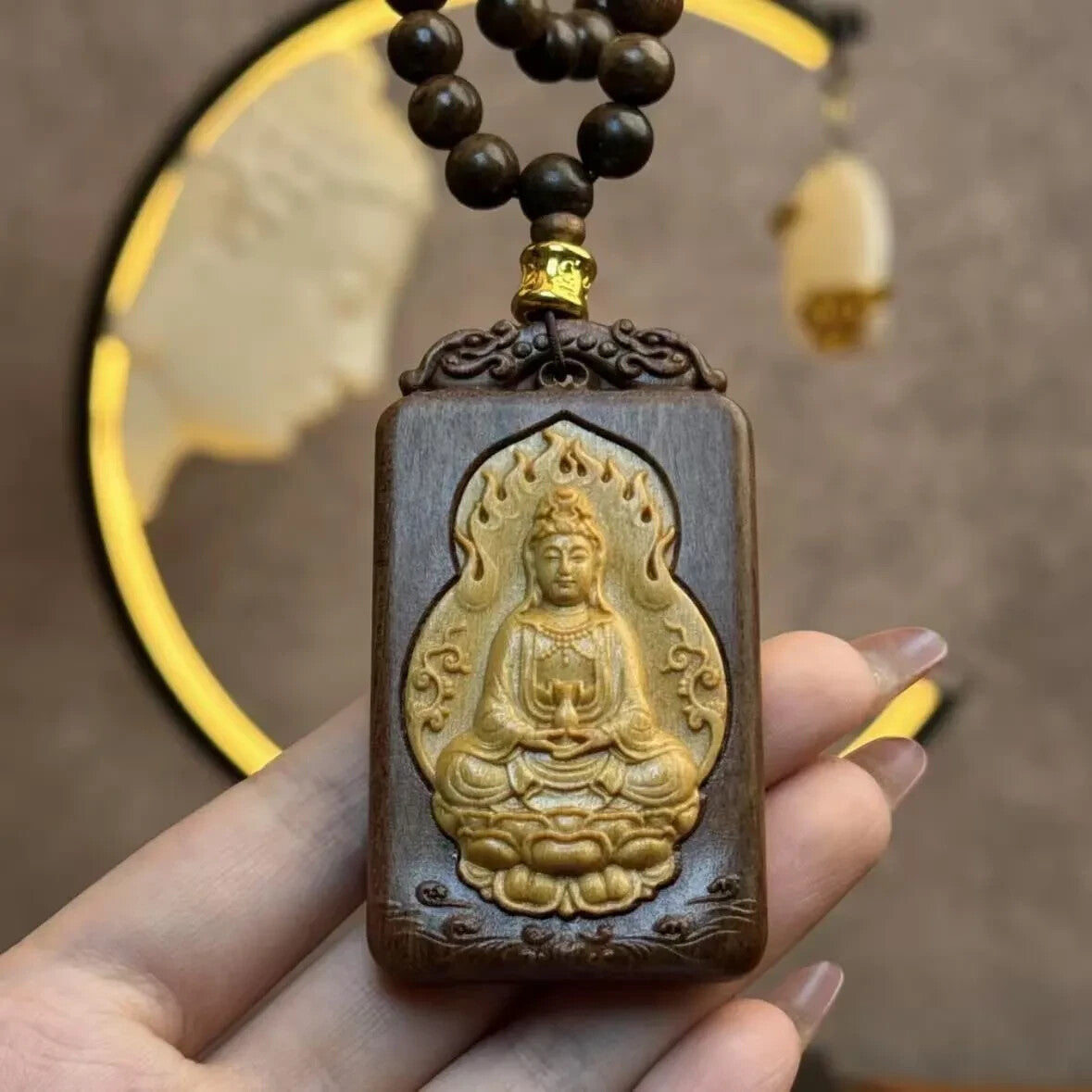 8mm*108 Natural Wood Prayer Beads Necklace Guanyin Buddha Bless Lucky Pendant