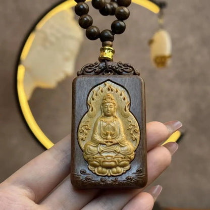 8mm*108 Natural Wood Prayer Beads Necklace Guanyin Buddha Bless Lucky Pendant