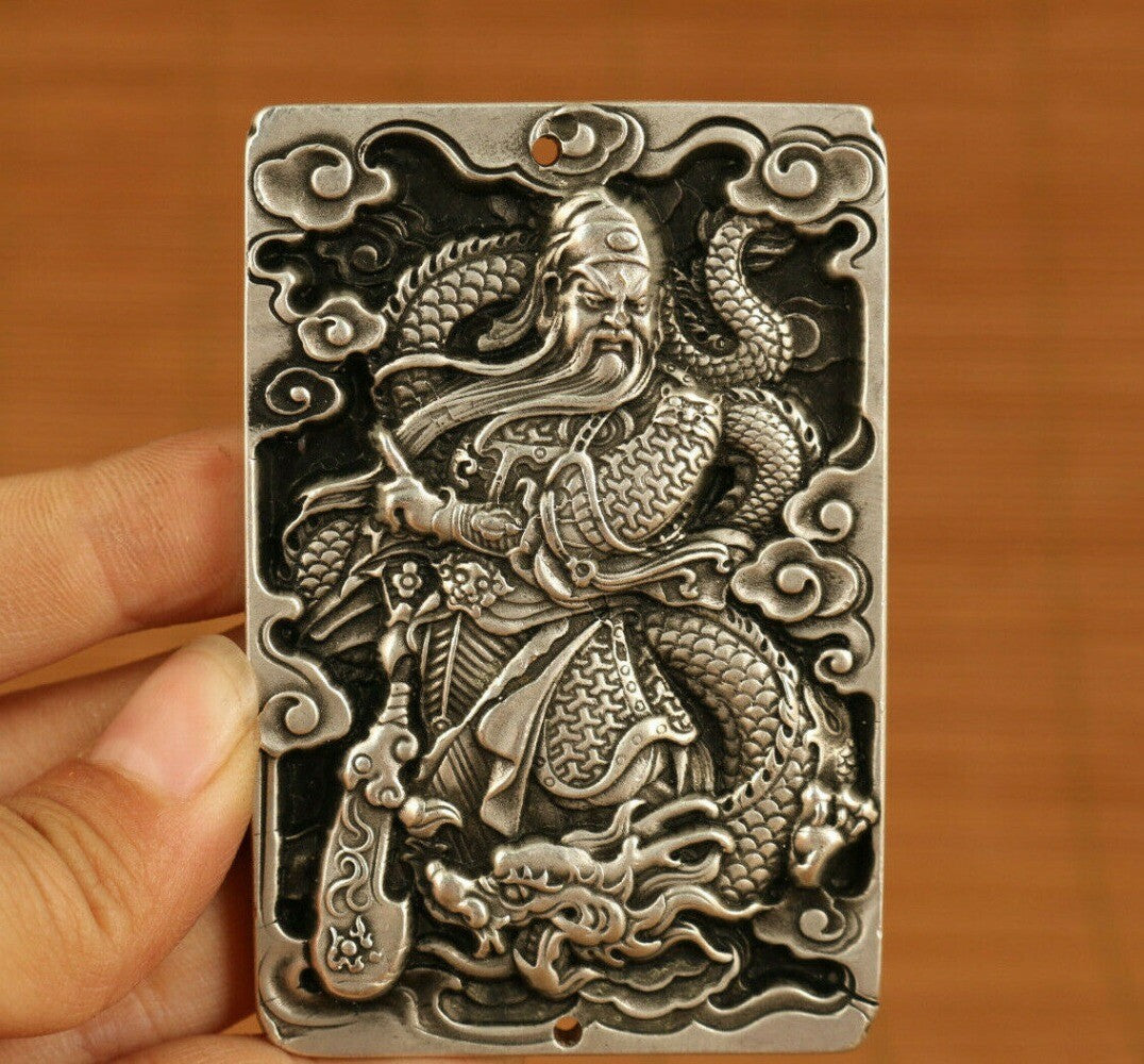 Old Chinese tibet silver handcarved guan gong dragon pendant