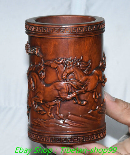 4.3''Old Chinese Boxwood Carving Horse Pot Pencil Holder Statue Sculpture