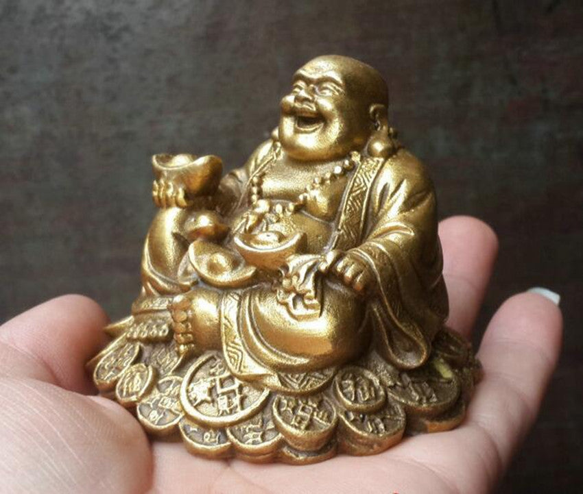 2.9inch Copper Buddhism Wealth Yuanbao Laugh Maitreya Buddha Statue Decoration