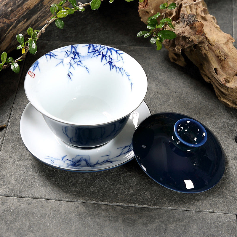 Porcelain Gaiwan Blue Glaze Tureen Jingdezhen Handpainted Covered Bowl Tea Cup