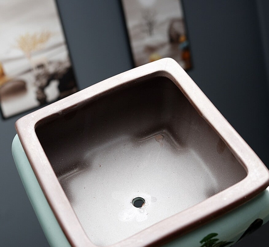 Bonsai Pot 4" Square Chinese Art Glazed High Quality Teal Ceramic Planter small
