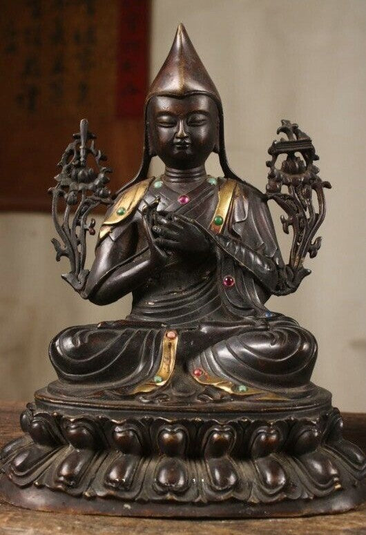 7" Old Tibet Bronze Gilt Inlay Gems Je Tsongkhapa Lama Guru Master Buddha Statue