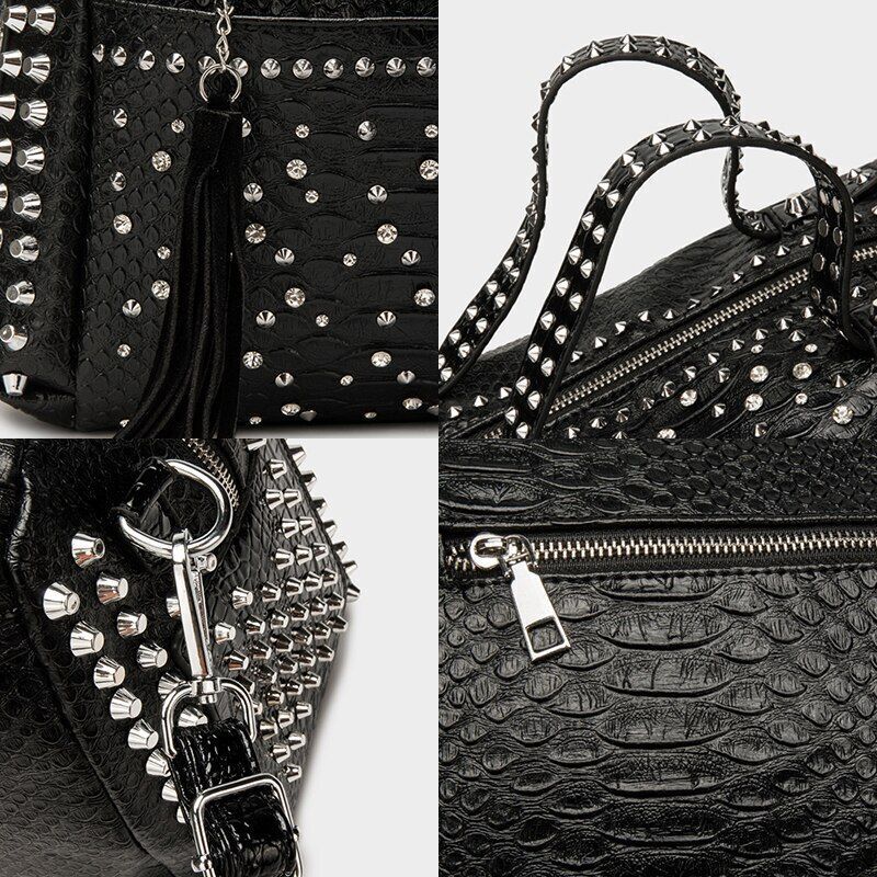 Handbag Black Synthetic Leather Crossbody Rhinestone Shoulder Purse 28*22*11 CM