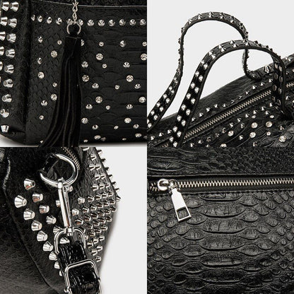 Handbag Black Synthetic Leather Crossbody Rhinestone Shoulder Purse 28*22*11 CM