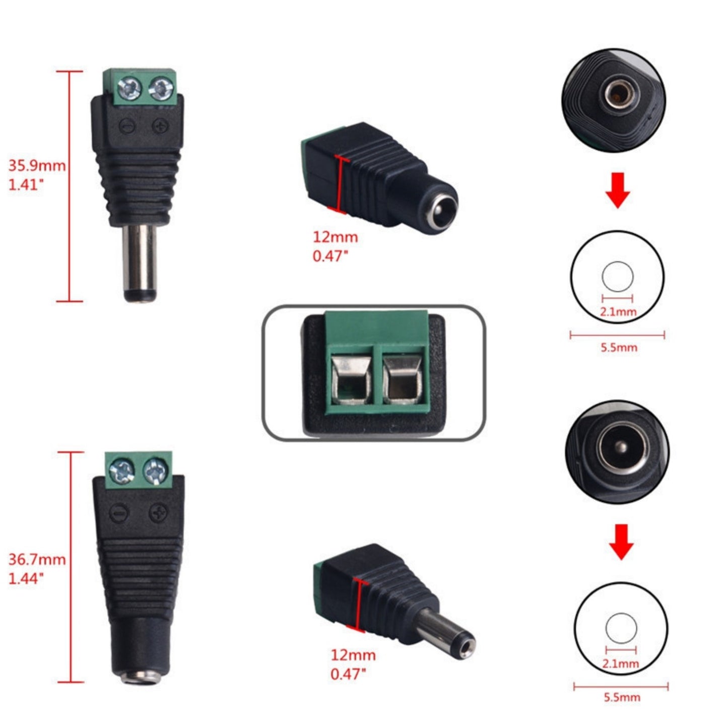 10Pcs Male & Female 5.5mm x 2.1mm DC Power Connector Jack Plug 12V 24V.