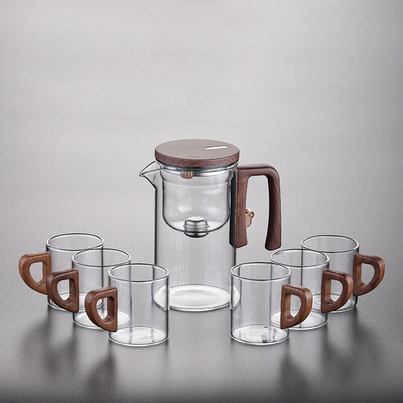 Boutique Tea Pot Matching Cup Glass Wood Handle Tea Tray Tea Water Separation