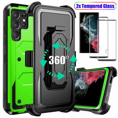 Case For Galaxy S22 5G Ultra + Clip Belt Stand Cover / Tempered Glass Protector