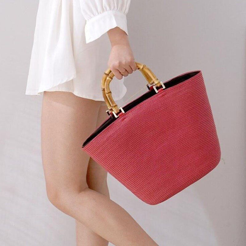 Fashion Bag Shoulder Striped Straw Bamboo Handle Handbag Woven Bags Purse Hasp