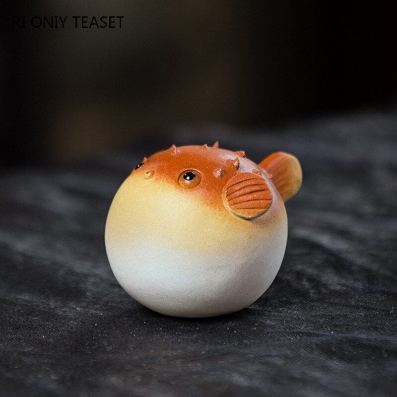 1pc Purple Clay Tea Pet Handmade Pufferfish Statue Ornaments Sculpture Crafts