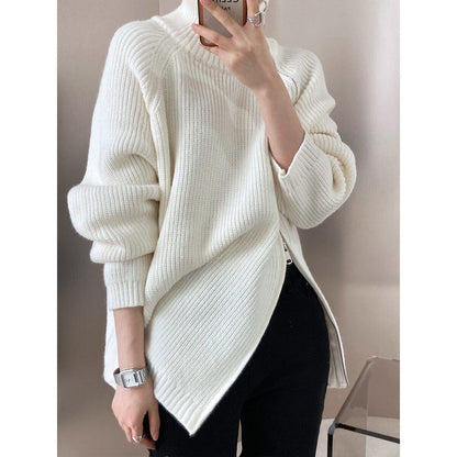 Women's Turtleneck Zipper Sweater Gray White Black High Neck Jumper