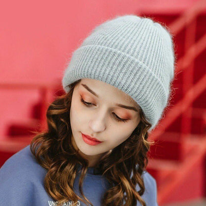 Winter Rabbit Fur Knitted Hat Solid Warm Wool Thick Beanie Bonnet White Red Gray