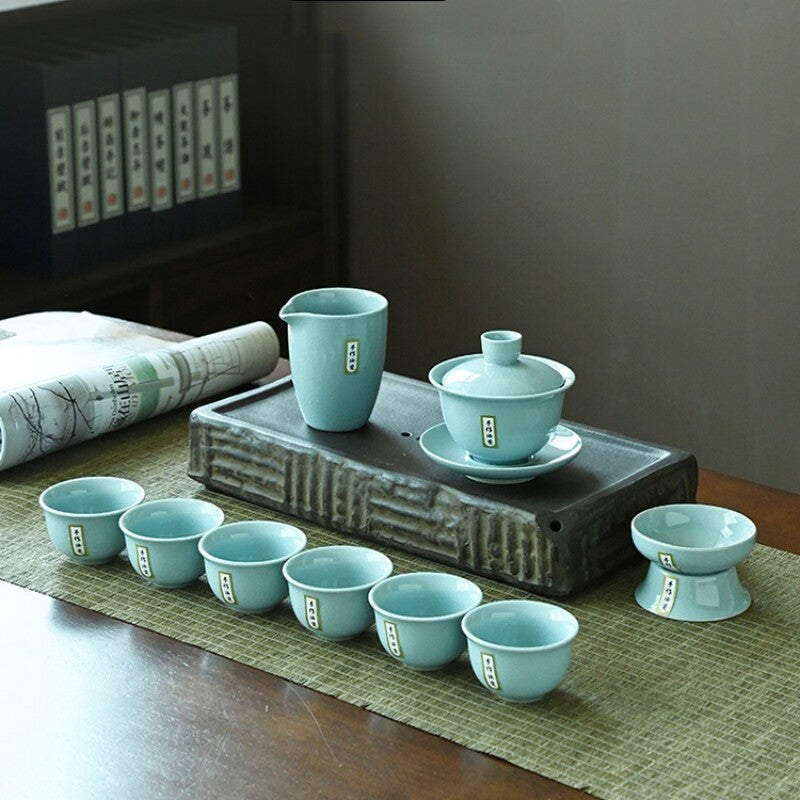 10pcs/lot Ruyao Porcelain Tea Set Crackle Glaze Gaiwan Tea Cup Filter Net Holder