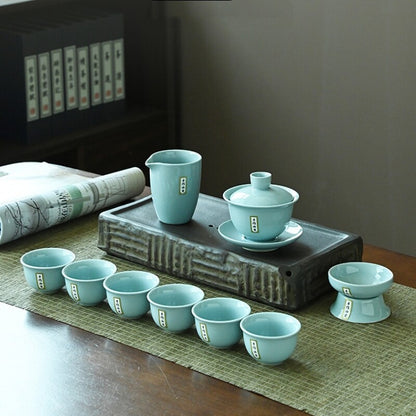 10pcs/lot Ruyao Porcelain Tea Set Crackle Glaze Gaiwan Tea Cup Filter Net Holder
