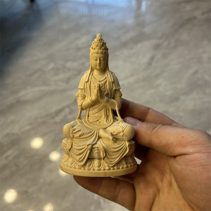 11cm Retro Boxwood Handcarved Avalokitesvara Bodhisattva Buddha Statue Ornament