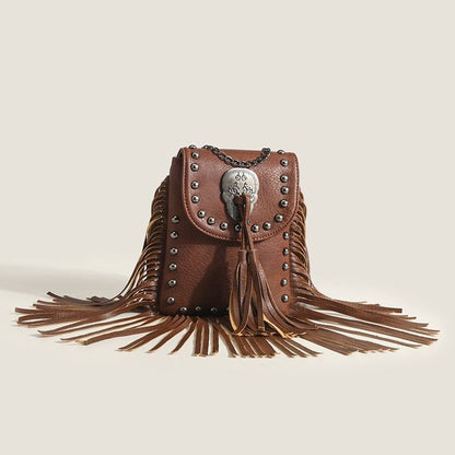 Vintage Fringe Crossbody Bag Women Rivet Leather Phone Purse Chain Shoulder Bag