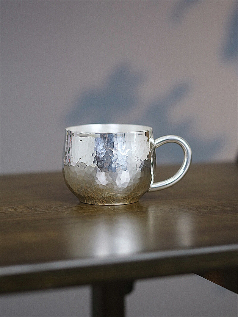 Pure 999 Silver Tea Cup Hammer Pattern Water Cup Tea Cup With Handle 87g 100ml