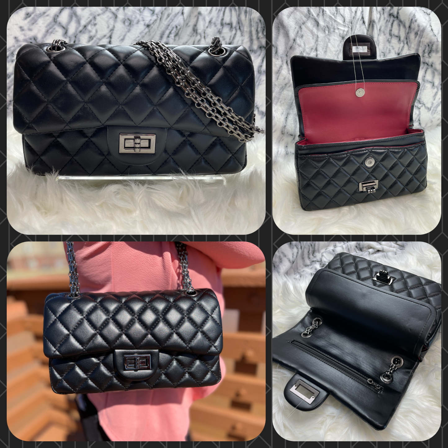 Women Classic Quilted Double Flap Shoulder Crossbody Leather Bag