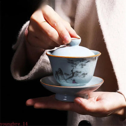 Kiln Tea Bowl Lid Saucer Set Ceramic Gaiwan Porcelain Tea Tureen Drinkware
