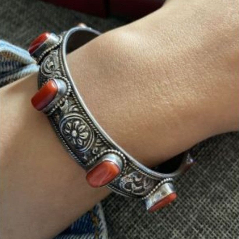 Tibetan Nepalese Bangle Adjustable Eight Treasures Red Inlay Bracelet