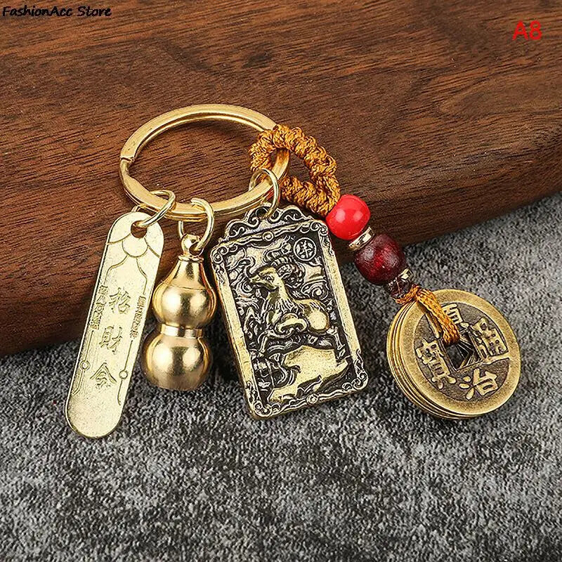Chinese Style Zodiac Brass Gourd Five Emperors Money Keychain Metal Fengshui