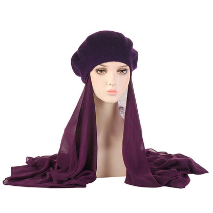Women's Beret Hat Chiffon Scarf Instant Hijab Shawls Wrap Headsacrf Bandana Caps
