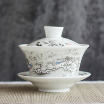 3.7" Chinese Porcelain Tea Set Ceramic Gaiwan Floral Tea Cup Lid Saucer Collect