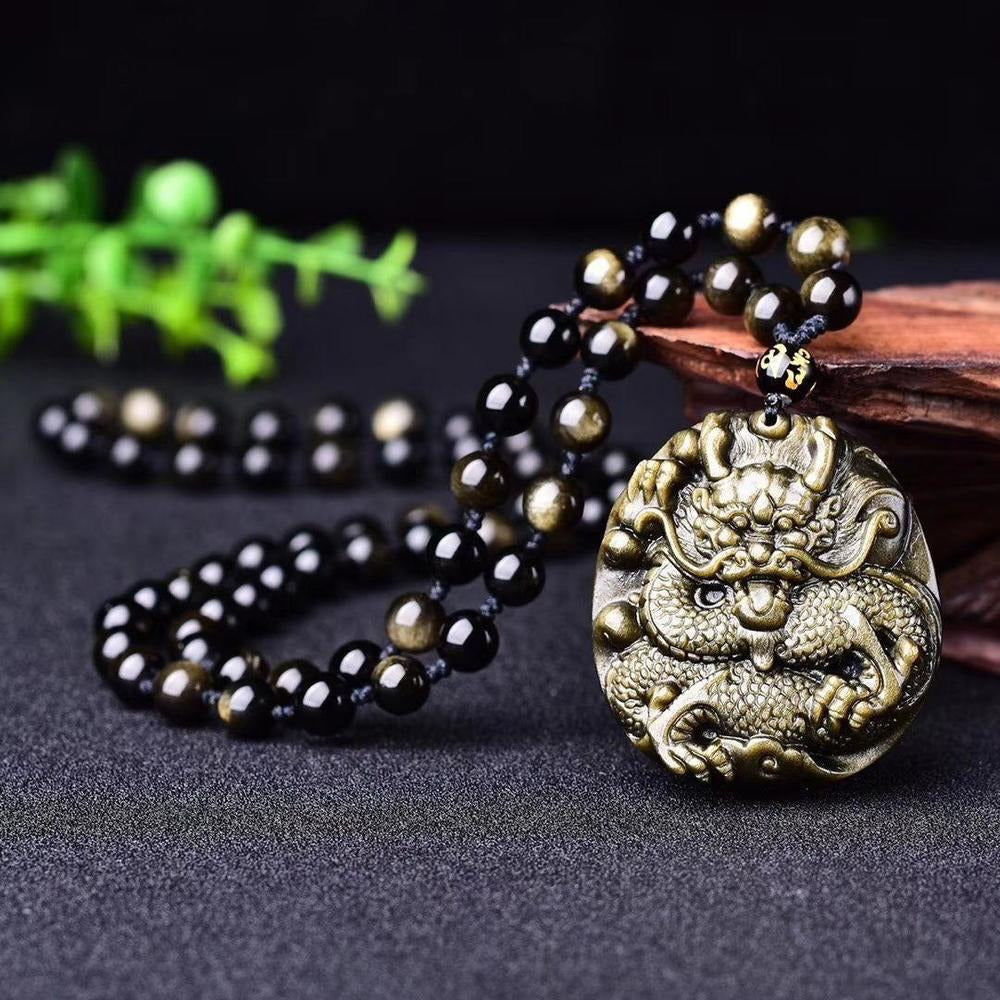 Gold Obsidian Natural Quartz crystal Dragon Statue Pendant Healing + Bracelet