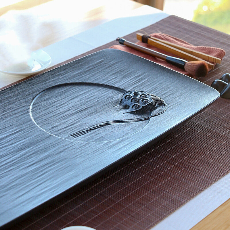 Handmade Artware Large Tea Tray Black Stone Embossed Lotus Root Carved Table New
