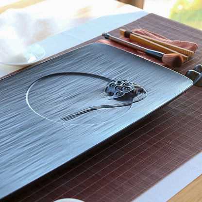 Handmade Artware Large Tea Tray Black Stone Embossed Lotus Root Carved Table New