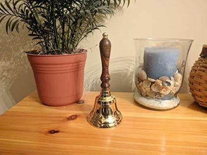 Large School Bell, Polished Brass Metal Handbell, Gold Color with Wooden Handle
