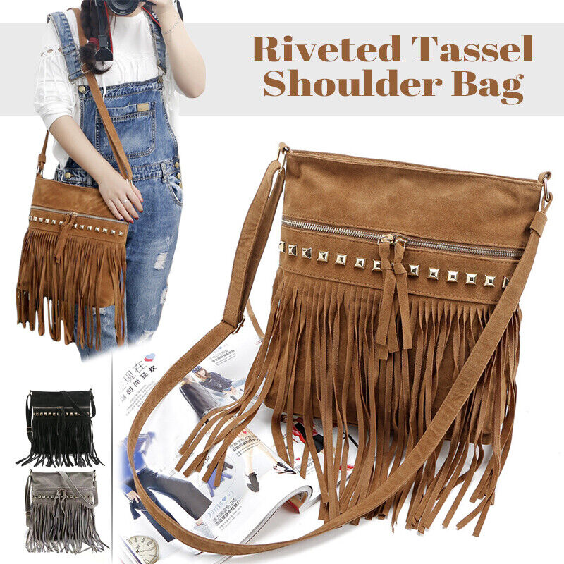 Women Cross Body Shoulder Bag Suede Fabric Rivet Tassel Bag Outdoor Travel