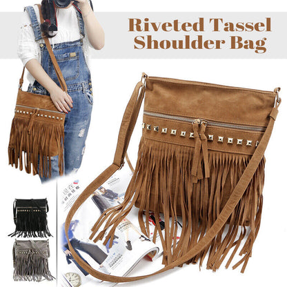 Women Cross Body Shoulder Bag Suede Fabric Rivet Tassel Bag Outdoor Travel