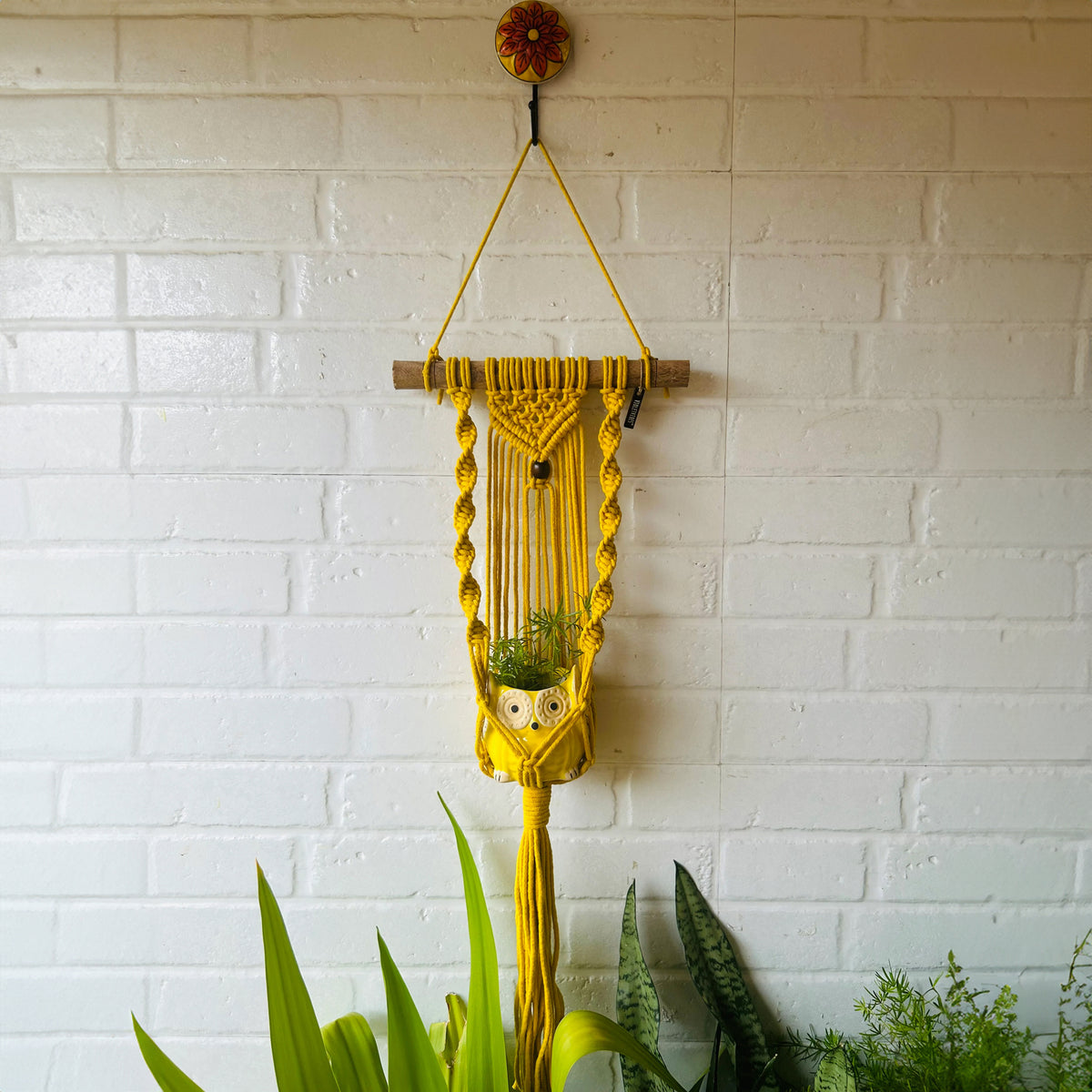 Vibrant Yellow Handcrafted Macramé Hanging Plant Hanger w/ Ceramic Owl Planter