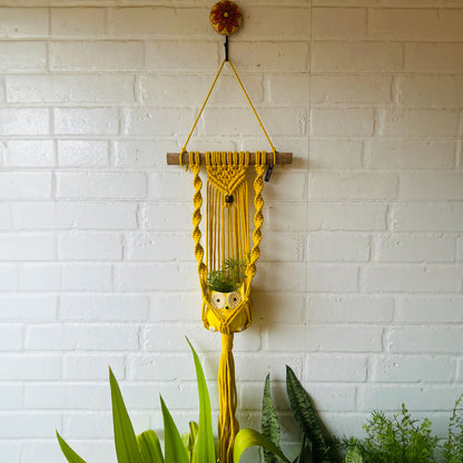 Vibrant Yellow Handcrafted Macramé Hanging Plant Hanger w/ Ceramic Owl Planter