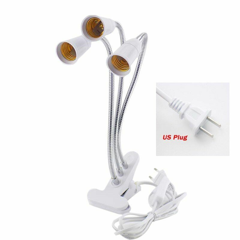 Desk Light Clip On E27 Socket 3 Head Flexible Off Switch Lamp Holder LED Plant